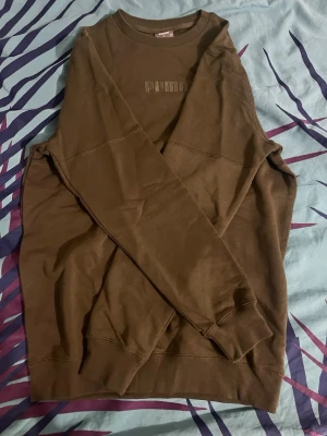 Brun sweatshirt från Puma - Säljer en brun sweatshirt från Puma med broderad logga på bröstet. Tröjan har rund halsringning, långa ärmar och ribbade muddar vid ärmslut och nederkant. Perfekt för en avslappnad och stilren look.