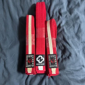 Rött karatebälte från Budo-Nord - Säljer röda karatebälten från Budo-Nord med vita ränder längs sidorna. Bältena är tillverkade i en mix av bomull och polyester och har tydliga broderade logotyper och japanska tecken. Perfekt för dig som tränar kampsport och vill ha stilren look.