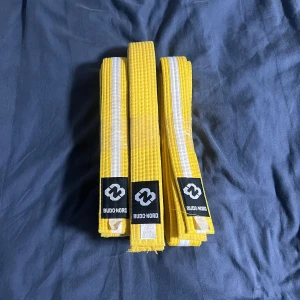 Gult Budo-Nord bälte med vit rand - Säljer ett gult bälte från Budo-Nord med vit rand, perfekt för kampsport som judo eller karate. Bältet är tillverkat i en mix av bomull och polyester och har en klassisk, rak form. Märket är tydligt broderat på ena änden. Finns i längderna 320 cm och 240 cm.