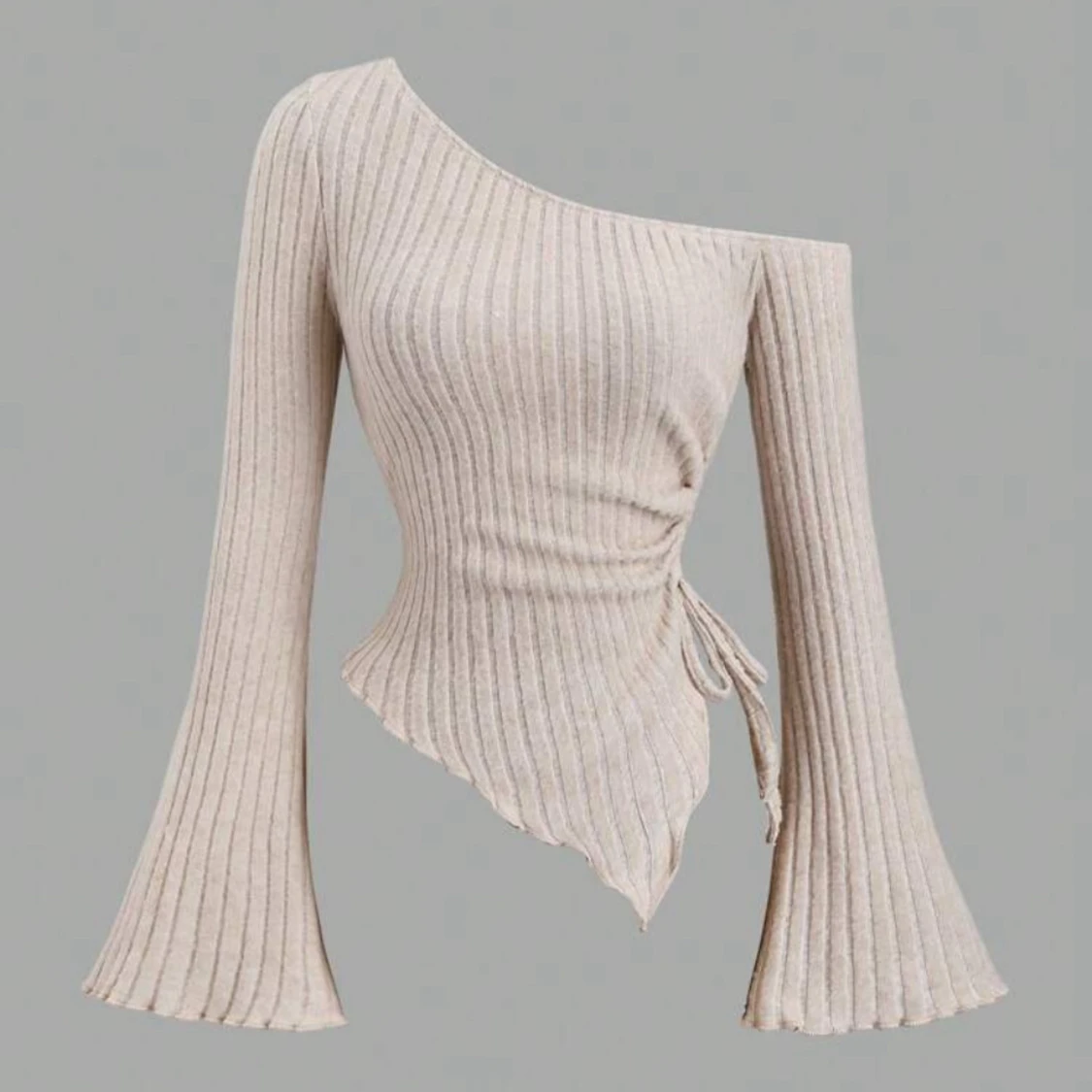 Ribbad one shoulder topp med utsvängda ärmar - 2