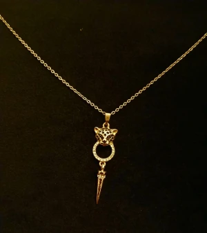 Guldhalsband  - Jätte snyggt guldfärgat halsband med ett hängsmycke som föreställer ett leopardhuvud med svarta detaljer. Smycket har en rund ring dekorerad med glittrande stenar och en spetsig nederdel.