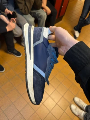 Blå sneakers från Philippe Model - Snygga blå sneakers från Philippe Model med ljusblå och grå detaljer. Skorna har snörning, rund tå och platt sula. Ovandelen är i en mix av mocka, mesh och syntet, vilket ger en sportig och fräsch vibe. Perfekt för dig som gillar stilrena och bekväma sneakers.