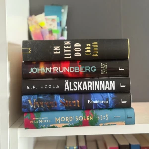 En liten död, Den som vakar i flocken, Älskarinnan, Benådaren, Mord i solen - Fem spännande böcker av populära svenska författare. Perfekt för dig som gillar mysterier, relationer och nervkittlande berättelser. Snygga omslag och modern känsla – en bokhög som passar unga vuxna och bokälskare som vill ha något nytt att sluka.