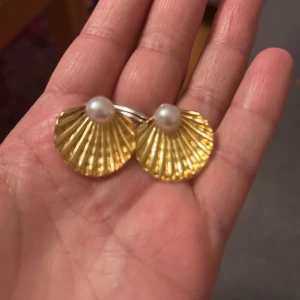 Guldiga snäckformade örhängen med pärla - Superfina örhängen i form av snäckor i stål guldton med en vit pärla på toppen. Perfekta för dig som vill ha en unik och trendig accessoar med havsinspirerad vibe. Säljs som par.