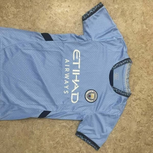 Manchester City ljusblå fotbollströja - Snygg ljusblå Manchester City fotbollströja med Etihad Airways-tryck på bröstet och klubbens emblem. Tröjan har korta ärmar med mörkblå detaljer och subtilt geometriskt mönster i tyget. Tillverkad i lätt och ventilerande polyester, perfekt för match eller träning.