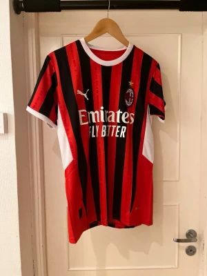 Ac Milan home kit 25/25 X Rafa Leão 10 - AC Milan matchtröja från Puma med Rafa Leão och nummer 10 på ryggen. Tröjan har klassiska röda och svarta vertikala ränder, vita detaljer vid krage och ärmslut samt klubbmärke med gul stjärna. Tillverkad i lätt polyester, perfekt för fotboll.