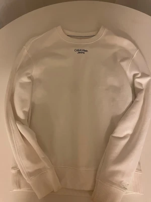 Vit sweatshirt från Calvin Klein Jeans - Säljer en stilren vit sweatshirt från Calvin Klein Jeans i storlek S. Tröjan har rund halsringning, ribbade muddar och diskret CK-brodyr på ärmen. Perfekt basic-plagg med logga framtill som funkar till allt.
