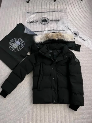 Svart dunjacka från Canada Goose - Säljer en svart dunjacka från Canada Goose med avtagbar huva och pälsdetalj. Jackan har klassisk patch på ärmen, stora fickor och stängs med både dragkedja och knappar. Perfekt för kalla vinterdagar och riktigt snygg streetstil.