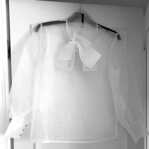 Vit transparent blus med rosett - Säljer en superfin vit transparent blus i tunn organza med stor rosett i halsen. Blusen har långa ärmar med breda manschetter och silvriga knappar. Perfekt för dig som vill sticka ut med en trendig och luftig look.