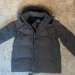 Grå dunjacka från Canada Goose - Säljer en grå dunjacka från Canada Goose med pälskantad huva och svarta detaljer. Jackan har dragkedja och knappar framtill, samt logga på ärmen. Perfekt för kalla dagar och riktigt snygg passform.