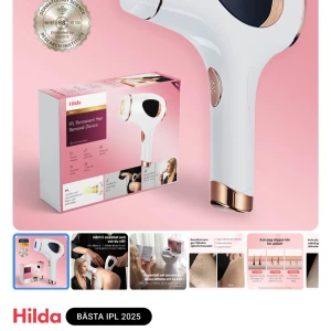 Hilda IPL Permanent Hair Removal Device - Effektiv IPL-hårborttagningsenhet för permanent hårborttagning hemma. Enkel att använda på kropp och ansikte, med synliga resultat efter några veckor. Modern design i vitt och roséguld. Levereras med originalförpackning. Perfekt skick, inga synliga defekter. Perfekt för att börja inför sommaren 