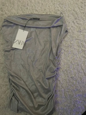 Glittrig silvertopp från Zara - Supersnygg glittrig silvertopp från Zara med åtsittande passform och rynkade sidor. Materialet är mjukt och skimrande syntet som ger en cool look.