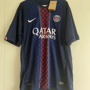 PSG matchtröja D.Doué #14 Nike blå - Paris Saint-Germain fotbollströja från Nike med D.Doué och nummer 14 på ryggen. Tröjan är marinblå med röda och vita geometriska mönster längs mitten, PSG-emblem på bröstet och Qatar Airways-tryck. Tillverkad i lätt funktionsmaterial, kortärmad modell.
