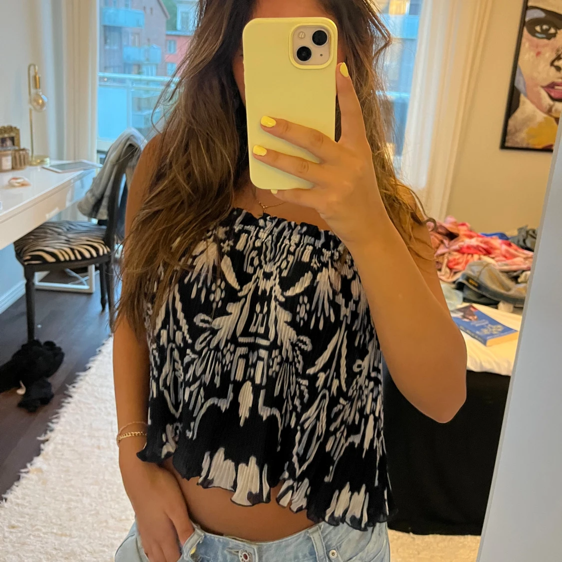 Mörkblå och vit mönstrad linnetopp - 1