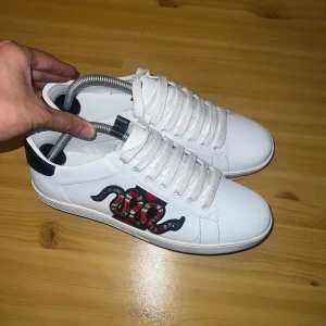 Gucci Ace Skor - Säljer nu mina Gucci Ace skor i storlek 42 eftersom de inte kommer till användning. Skorna är använda endast ett fåtal gånger och blir som nya om man tvättar dem lite. Med skorna får man med skolådan och olika papper och tillbehör. Priset är ej hugget i sten så ställ gärna frågor och kom gärna med prisförslag😄