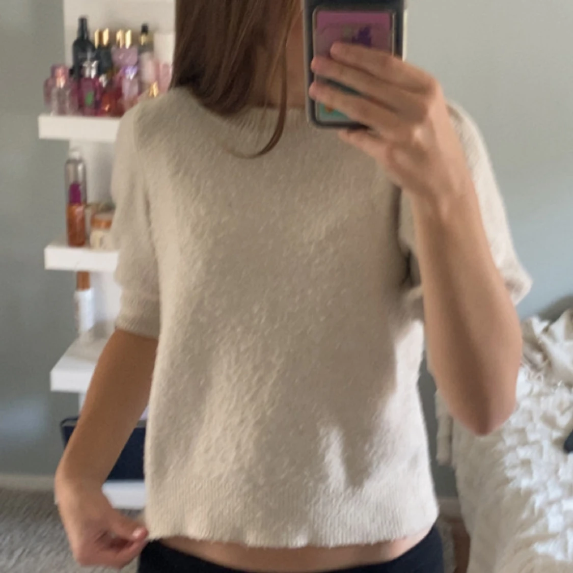 Beige stickad kortärmad tröja - 1