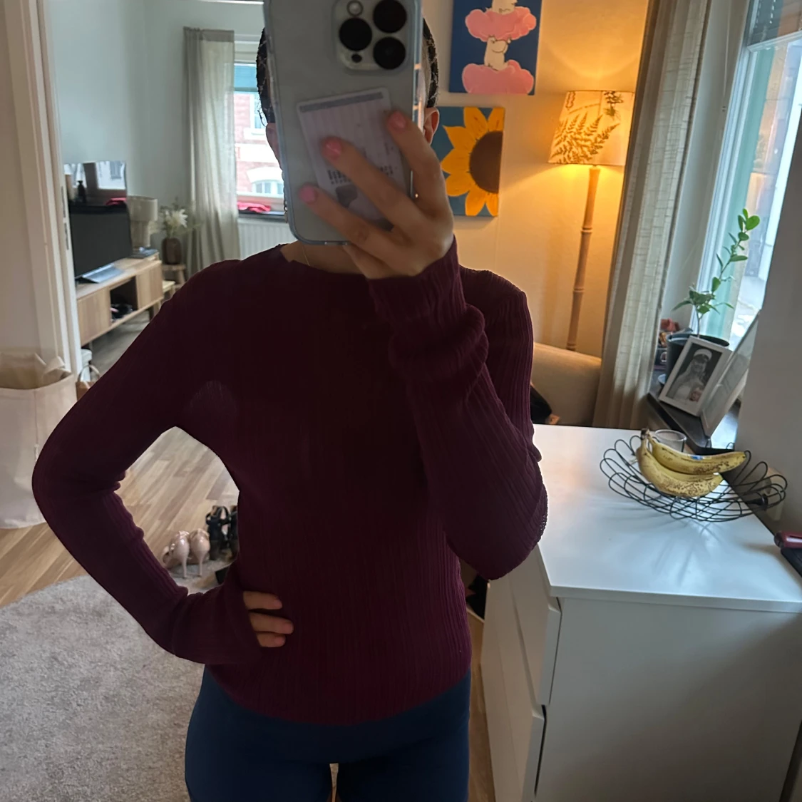 Vinröd  ribbad lätt genomskinlig långärmad tröja - 1