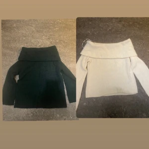 Två offshoulder stickade tröjor - KÖP 2 FÖR OCH SPARA PENGAR(frakt) Säljer två snygga stickade offshoulder-tröjor, en i mörkgrönt och en i krämvitt. Båda har bred krage som viks ner över axlarna och är ribbstickade med lång ärm. Perfekta för dig som vill ha en trendig och mysig look under kyligare dagar. 