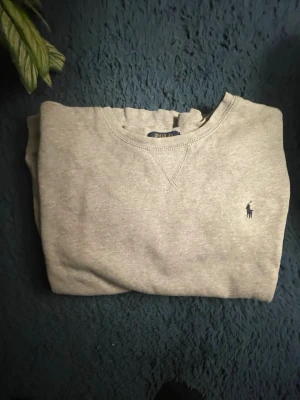 Grå sweatshirt från Polo Ralph Lauren - Klassisk grå sweatshirt från Polo Ralph Lauren med rund halsringning och den ikoniska lilla marinblå logon broderad på bröstet. Tröjan har långa ärmar och är tillverkad i mjuk bomull för en skön och avslappnad look.