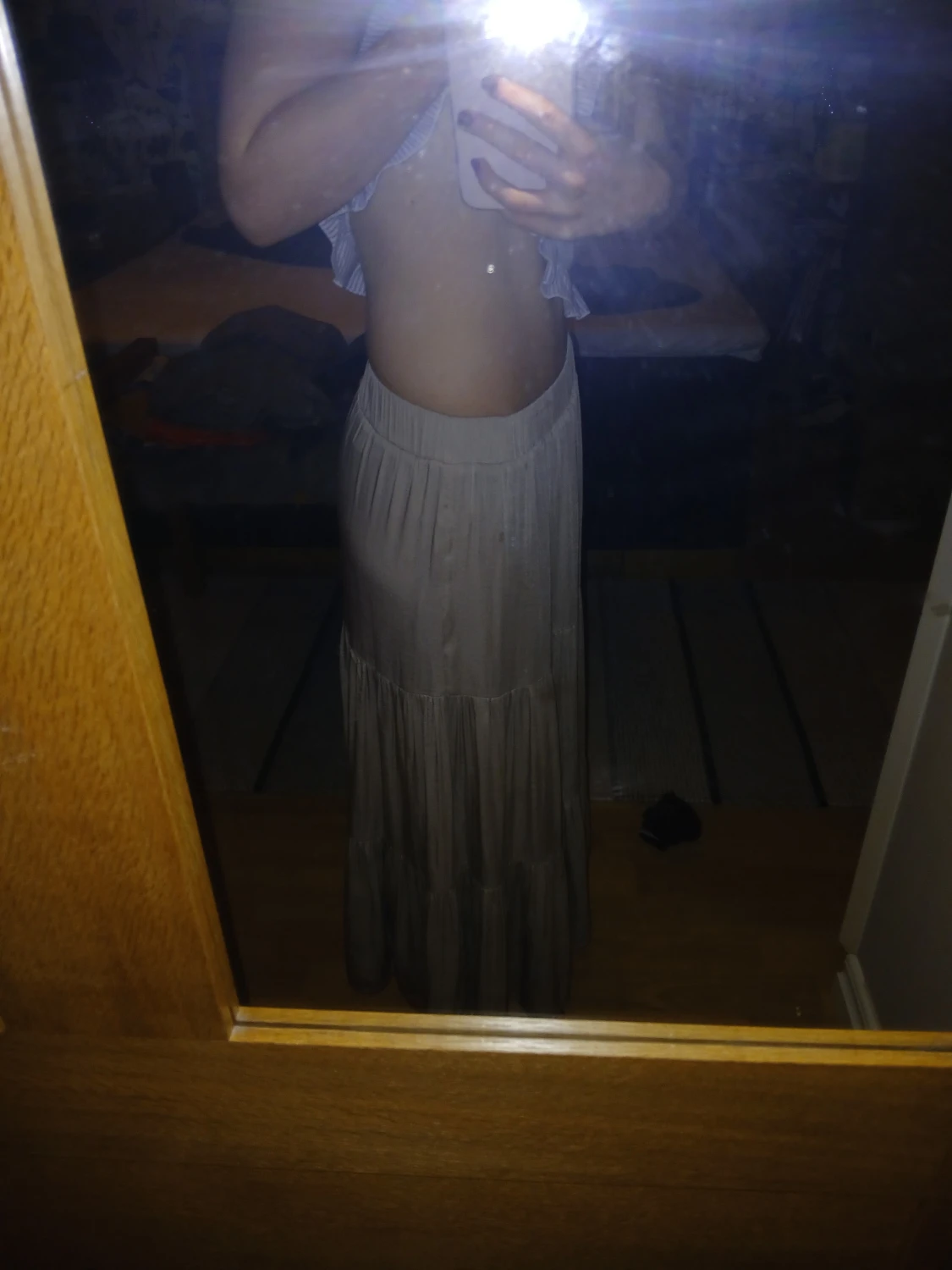 Beige långkjol med volanger XXS - 3