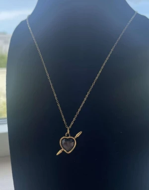 Guldigt halsband med hjärthänge svart - Snyggt halsband i guldton med ett hjärtformat hänge som har en mörk sten i mitten och en pil genom hjärtat. Kedjan är tunn och elegant, perfekt för att ge din outfit en romantisk touch. Hänget har en unik design som verkligen sticker ut. Rostfri 