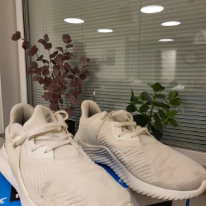 Vita Adidas sneakers storlek 42 2/3 - Säljer ett par stilrena vita Adidas sneakers med mesh- och syntetmaterial, snygg vågig sula och klassisk snörning. Skorna har diskret Adidas-logga på hälen och är perfekta för dig som gillar en clean look.