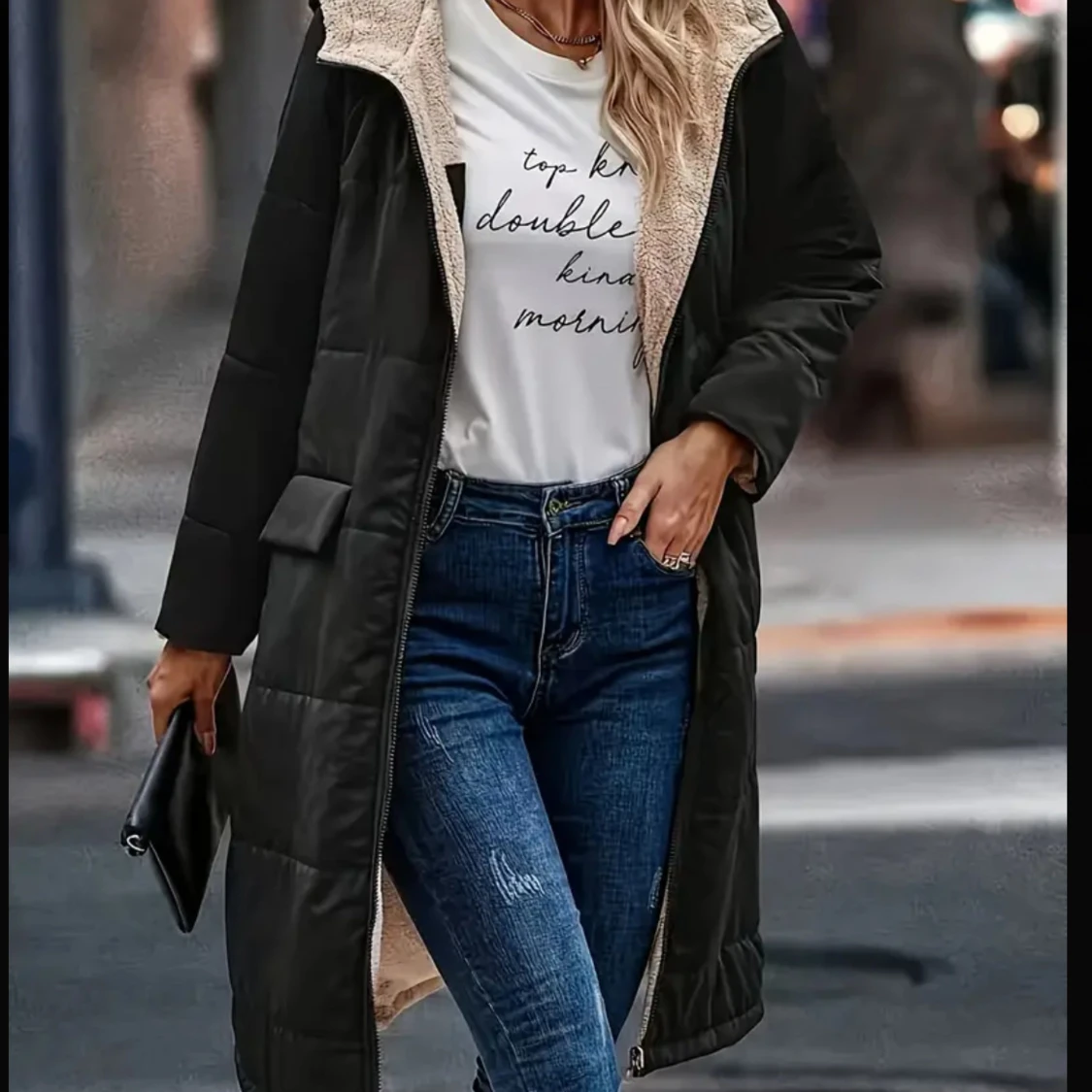 Beige teddyjacka med svart quiltad insida - 3