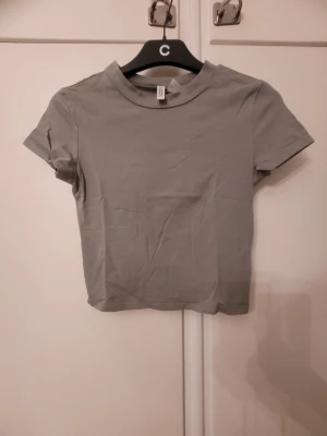 Grå croppad t-shirt från Divided - Säljer en enkel och stilren grå t-shirt från Divided i croppad modell. T-shirten har rund hals och korta ärmar, perfekt för dig som gillar minimalistisk stil. Materialet är mjuk bomull som känns skönt mot huden.