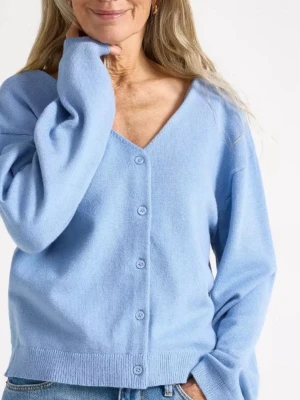 Ljusblå kofta med v-ringning - Snygg ljusblå kofta med v-ringad hals och knappar framtill. Koftan har långa ärmar och är tillverkad i ett mjukt stickat material som känns skönt mot huden. Perfekt att slänga på över en t-shirt eller linne för en chill look. !! Det är inte exakt modell men liknande, den är mer ljusare och inte tunn!!