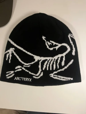 Svart mössa från Arc'teryx - Svart mössa från Arc'teryx med vit grafisk dinosaurie-design och broderad logga framtill. Klassisk form och stretchigt material som sitter skönt på huvudet. Perfekt för kalla dagar och snygg till streetwear-stilen.