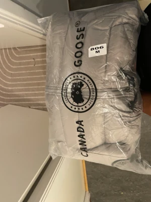 Ljusgrå dunjacka från Canada Goose - Säljer en ljusgrå dunjacka från Canada Goose med huva och dragkedja framtill. Jackan har quiltad design och tydlig logga på ärmen. Perfekt för kalla dagar och riktigt snygg till streetwear-looken.