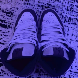 Nike Air Jordan 1 svartvita sneakers - Säljer ett par klassiska Nike Air Jordan 1 sneakers i svart och vitt skinn. Skorna har högt skaft, ikonisk vinge-logga på sidan och stora vita snören. Perfekta för dig som vill ha en tidlös och streetinspirerad look.