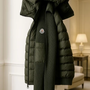 Mörkgrön pufferjacka från Moncler cardigan - Snygg mörkgrön pufferjacka från Moncler med stickade ärmar och detaljer. Jackan har huva, dragkedja framtill och en praktisk ficka med dragkedja på ärmen. Ikonisk Moncler-logga på armen och ribbade muddar för extra stilpoäng.