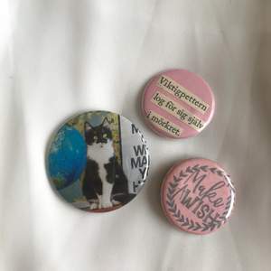 Handgjorda pins för dig som kanske blir en framtida galen katt person, eller kanske komiker? 🎙🐱 Alla tre ingår i priset.  Använda men bra kvalitét.