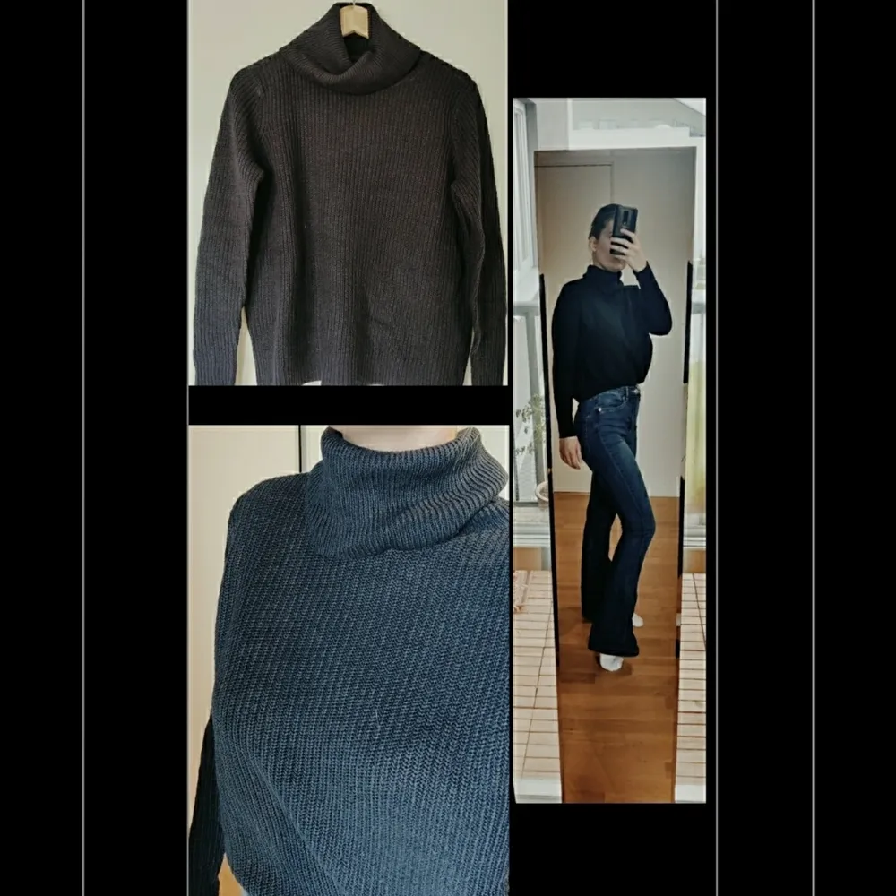 Denna mörkblåa ribbade turtleneck-tröjan är varm och bekväm. Ett basic plagg som passar bra till allt. Använd en gång en kall dag och sedan dess bara legat i garderoben. Originalpris 299 kronor. Pris kan diskuteras.. Stickat.