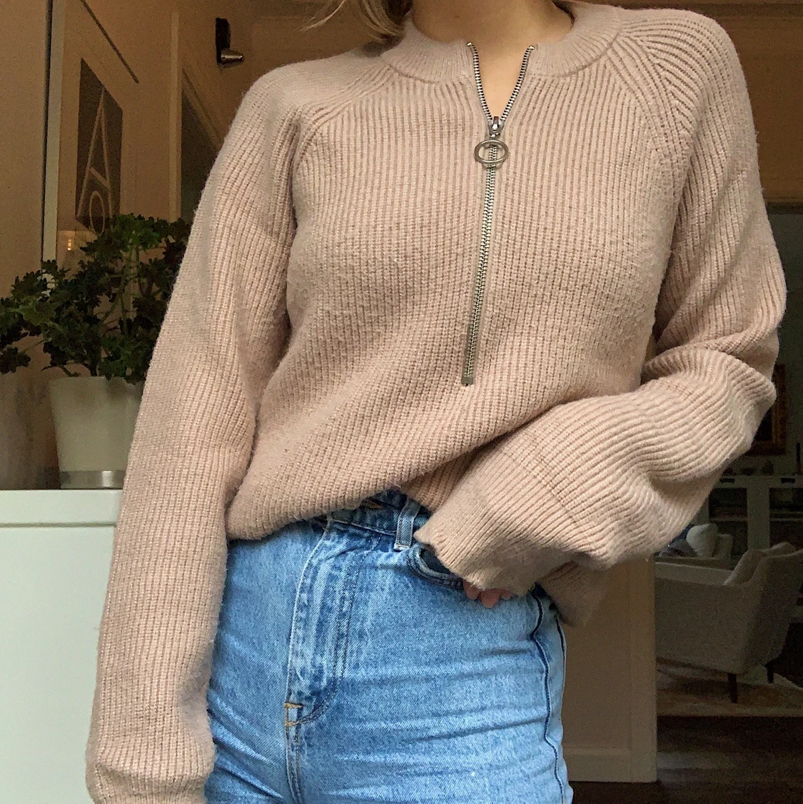 Beige tjocktröja med zipper - 90