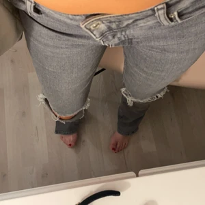 Bootcut jeans  - Säljer mina sjukt populära jeans från zara som är slutsålda. De är långa och har hål på knäna och slits där nere. Jag är 173 och sitter perfa på mig. St 38