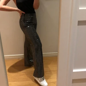 Glitter byxor - Dom perfekta glitterbyxorna från Zara. Långa i benen och lagom loose. Har satt in en extra resår i midjan för att dom va lite stora men den kan man ta ut. Perfekta till nyår eller andra tillställningar. Använda ca 5 gånger. Storlek M men lite mindre i midjan som sagt. 