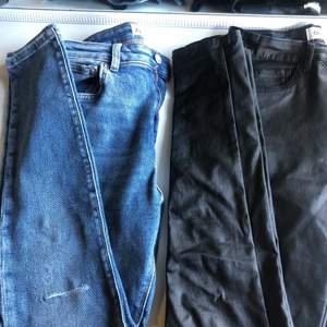Säljer mina par byxor för 60 kr styck , med frakt 80( kan diskuteras)                                                           Svarta lack byxor i storlek M från ONLY( aldrig använd)                                                                      Blåa jeansen- zara blåa jeans med lite skit i storlek 42( aldrig använd)
