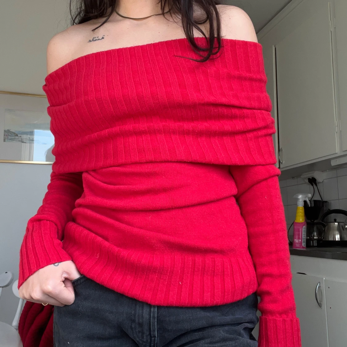 Röd offshoulder tröja - 2