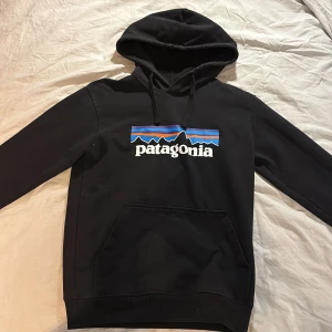 Svart hoodie från Patagonia - Säljer en svart hoodie från Patagonia med klassisk logga och färgglatt tryck på bröstet. Tröjan har huva 