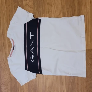 Vit t-shirt med logga från GANT - Vit t-shirt från GANT med en bred marinblå panel och rosa linjer över bröstet samt stor vit logotyp. Klassisk passform och rund halsringning. Perfekt för en stilren och sportig look.