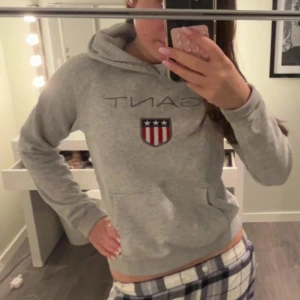 Grå hoodie från Gant med emblem - Säljer en grå hoodie från Gant i strl 158/164 den passar mig med Strl s bra. Säljer pga att jag inte får andväning av den, har ett litettt hål vid ena handleden men ingenting som märks.