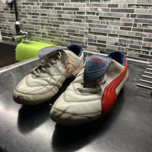 Puma seringa fotbollsskor  - Säljer ett par klassiska Puma fotbollsskor i vitt med röda och blå detaljer. Skorna har snörning, rund tå och platt sula med dobbar för gräsplan. Puma-loggan syns tydligt på sidan och sulan. Insidan är fodrad i blått tyg och ovandelen är i skinn. Perfekt för dig som vill sticka ut på planen. Hälst hämta den, ligger i Växjö !! 