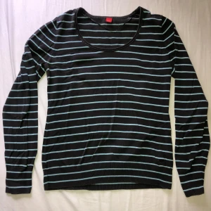 Grå och ljusblå randig tröja från Esprit - Säljer en långärmad tröja från Esprit med tunna ljusblå ränder. Tröjan har rund halsringning och är i ett mjukt, stickat material. Tror den e strolek m.