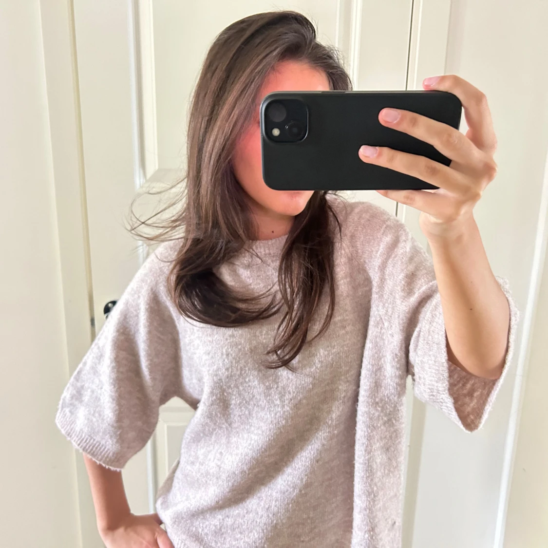 Beige stickad trekvartsarmar  - 2