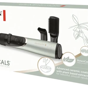 Remington Botanicals varmluftsborste - En multifunktionell varmluftsborste från Remington med utbytbara borsthuvuden och munstycke. Borsten har avancerad keramisk beläggning med växtextrakt för skonsam styling och slät finish. Perfekt för att skapa volym, lockar eller släta ut håret.