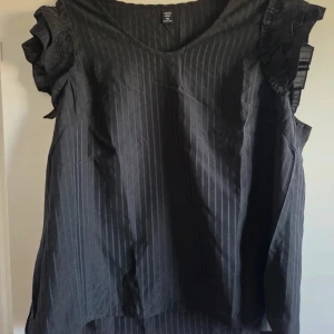 Svart blus med volangärm Shein - Svart blus från Shein Curve med volangdetaljer på ärmarna. Blusen har v-ringad hals och är ärmlös med breda axelpartier. Materialet känns lätt och luftigt, perfekt för dig som gillar en chill och stilren look.