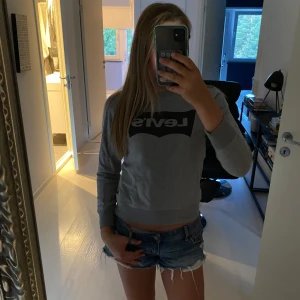 Grå Levi's sweatshirt med logga - Säljer en grå sweatshirt från Levi's med stor svart logga framtill. Tröjan har rund hals, långa ärmar och ribbade muddar vid ärmslut och nederkant. Perfekt för chill dagar och enkel att matcha med jeans eller shorts.
