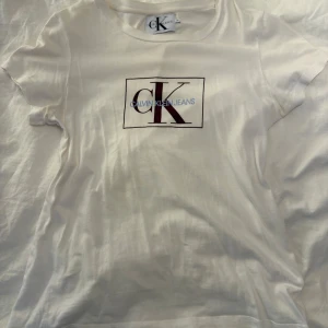 Vit t-shirt från Calvin Klein Jeans - Vit t-shirt från Calvin Klein Jeans med klassisk CK-logga tryckt på bröstet i svart och blått. Rund hals och korta ärmar. Mjuk och skön bomullskvalitet som passar perfekt till jeans eller shorts. Snygg och enkel design med en boxad logga framtill.